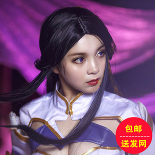 王者荣耀 露娜 紫霞仙子cos假发  中分大头皮cosplay黑长直发假发
