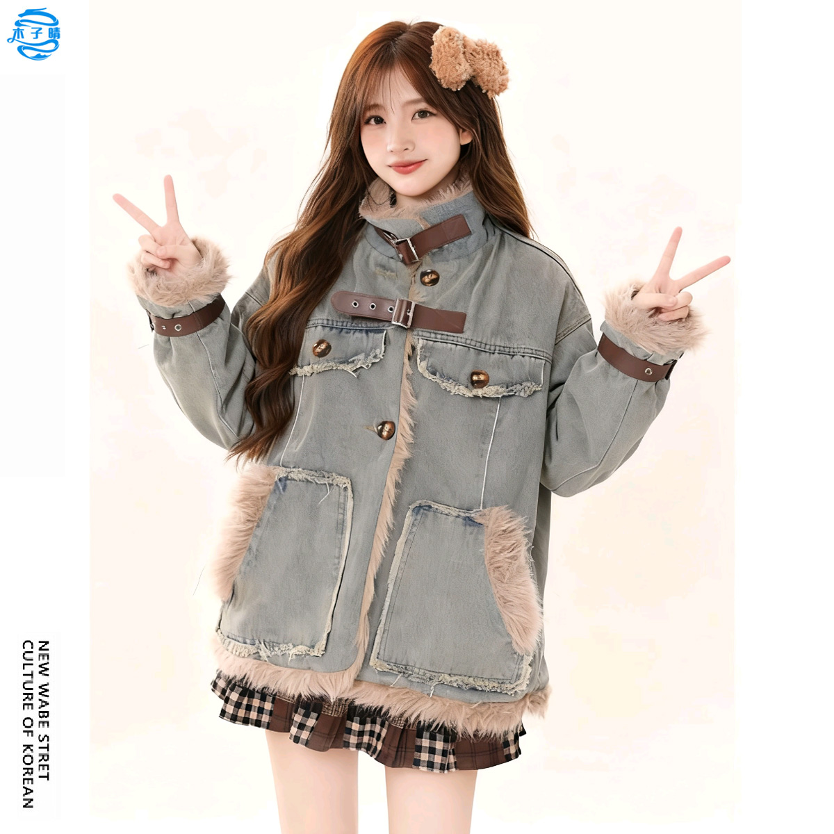 复古风美拉德毛绒拼接牛仔外套