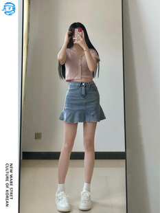 辣妹高腰荷叶边a字鱼尾短裙子 梨形身材微胖穿搭牛仔半身裙女夏季