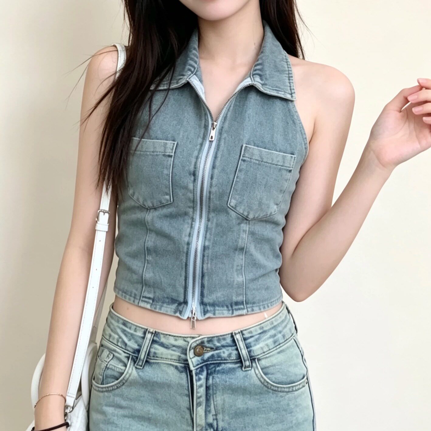 夏季复古牛仔挂脖POLO领女马甲