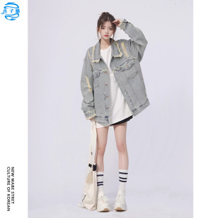 美式 复古小众设计感牛仔外套女水洗重工小个子破洞宽松上衣ins潮