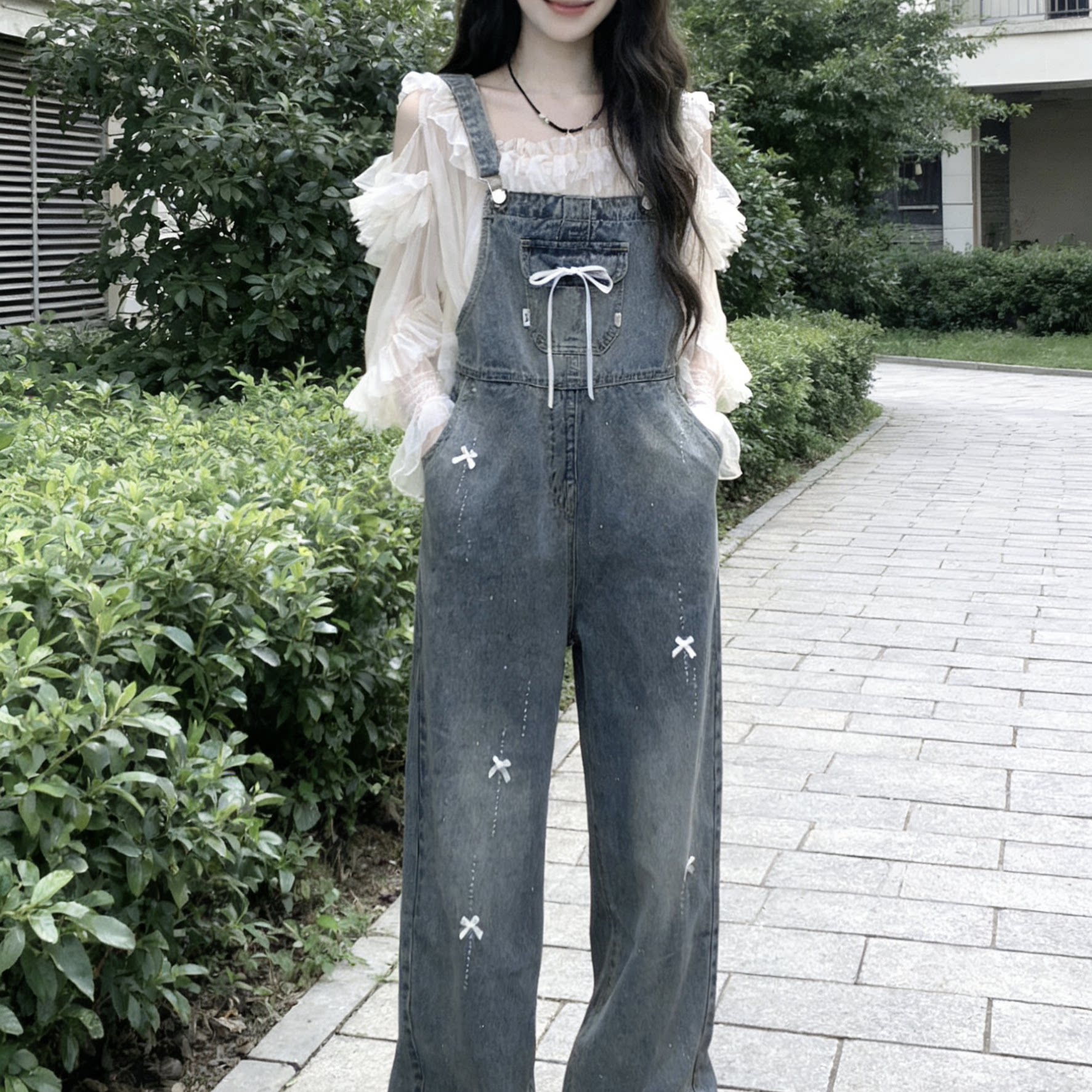 小众设计感蝴蝶结美式复古牛仔背带裤女宽松减龄小个子直筒阔腿裤,女装/女士精品,牛仔裤,淘宝优惠券,粉丝福利购,淘宝优惠卷