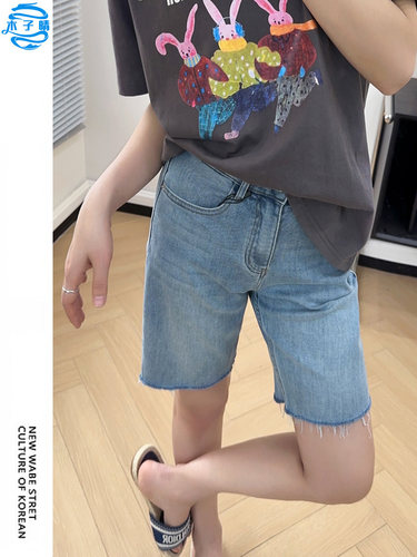 牛仔五分裤骑行裤女毛边设计感