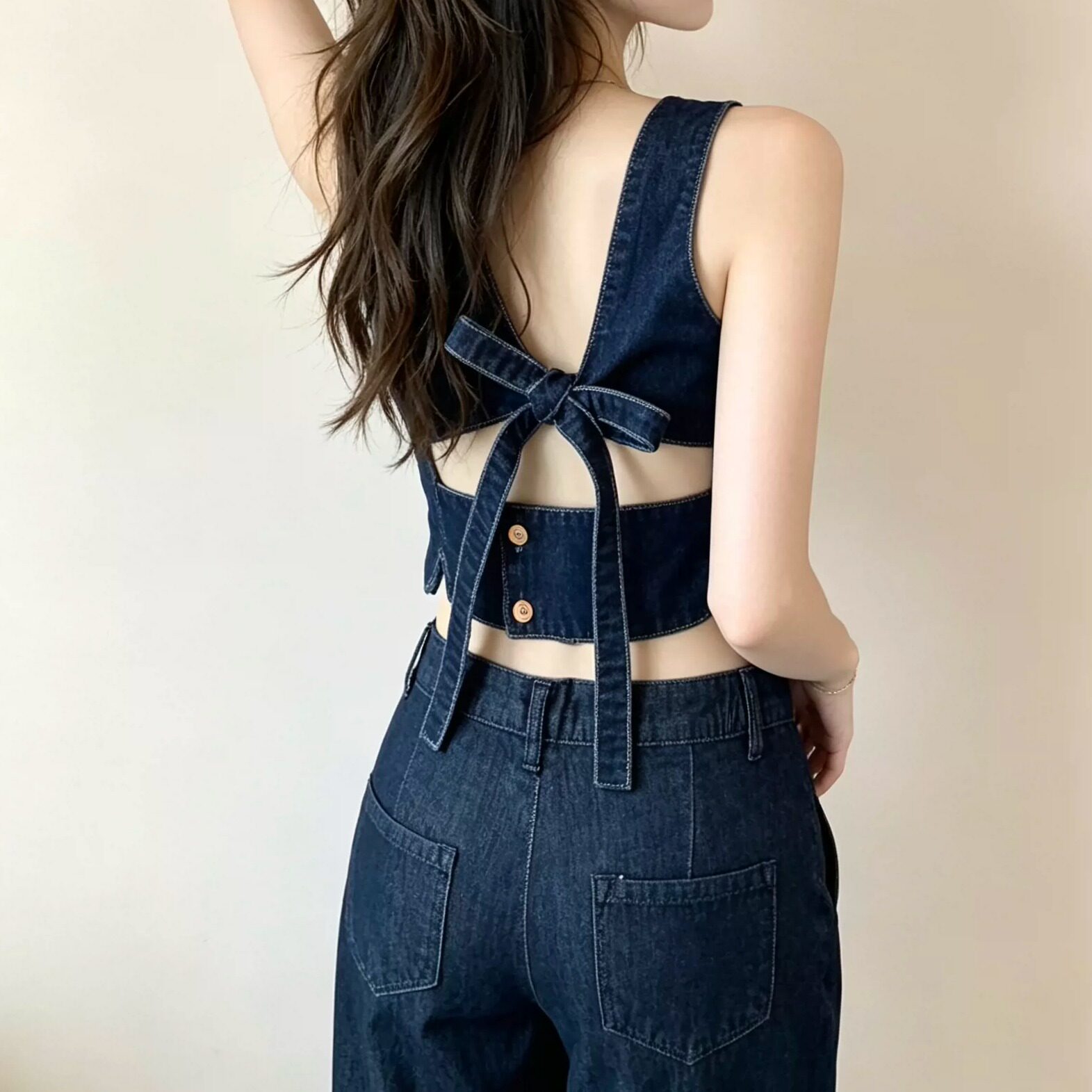 港风深蓝绑带牛仔背心女夏薄款