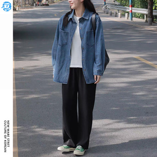 韩版深蓝色叠穿牛仔衬衫女2025新款春秋季小个子正肩复古外套上衣