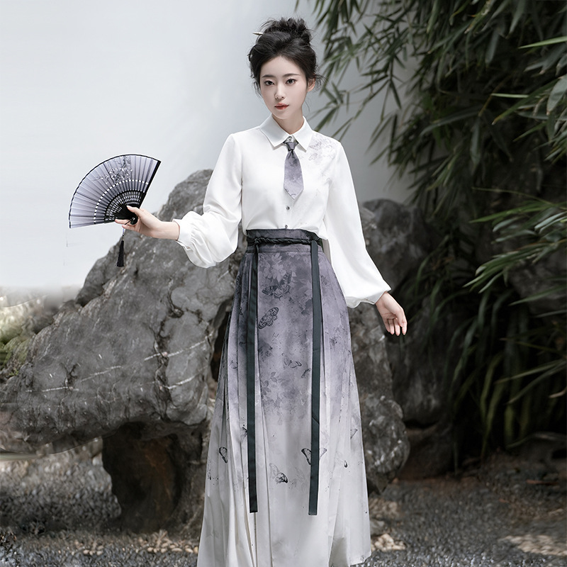 原创正品特价不退留云汉服女改良中国风新中式日常衬衫马面裙套装