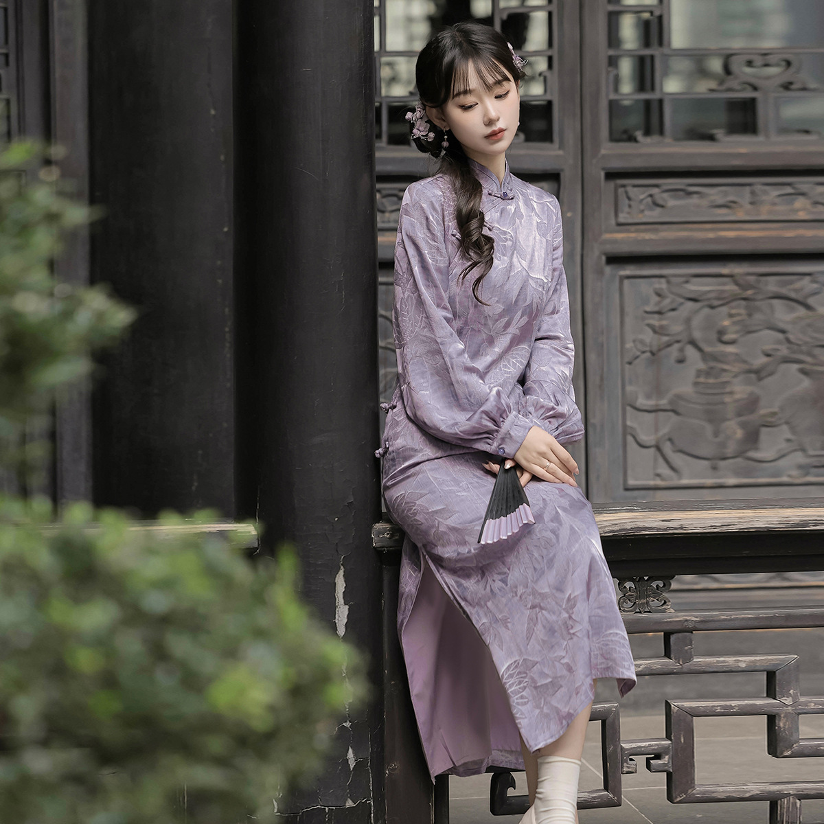 倚梦阁原创设计温婉秋霜新中式女国风日常新款披肩旗袍套装X253