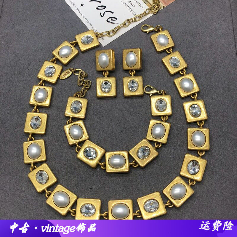 vintag饰品轻奢做旧金镶钻珍珠项
