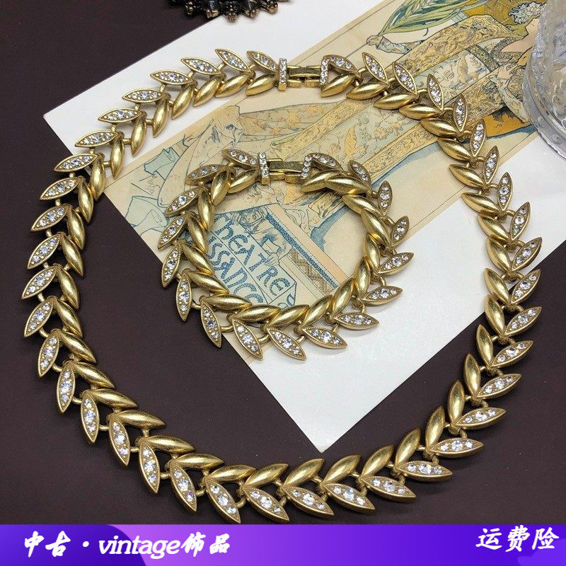 西洋中树叶造型做旧俄真金项链手链轻奢优雅镶钻百搭套装