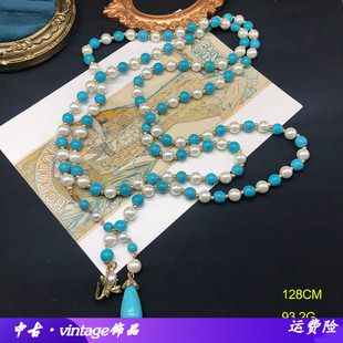 经典设计感绿松石珍珠手工串珠长款项链气质百搭小蜜蜂卡扣毛衣链