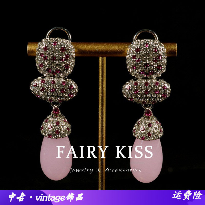 中古耳环粉色石头果冻耳坠密镶满