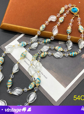 西洋中古百搭配饰白色异形珠彩虹琉璃珠项链同款铜耳勾耳环套装