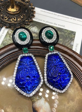 设计感时尚耳钉气质百搭精致优雅珐琅釉镶莱茵石蓝色果冻树脂耳坠