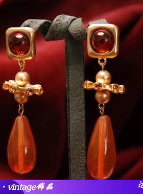 复古vintage时尚高级感橙色琉璃银针耳钉水滴吊坠气质耳坠耳夹