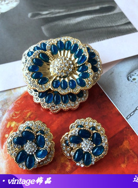 新款西洋古董中古神秘墨蓝色果冻树脂宝石钻多层花朵胸针耳钉套装