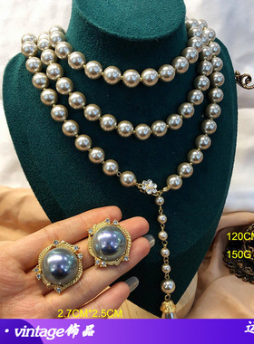 西洋中古灰珠珠项链灰色琉璃珍珠长款项链毛衣链巴洛克珍珠耳钉