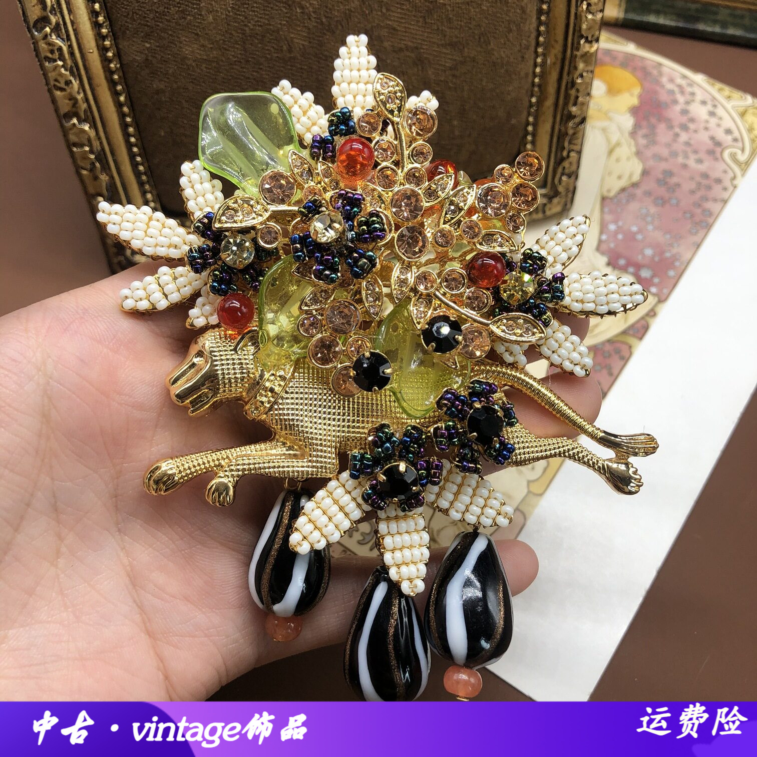 vintage重工手工编织豹子胸针多