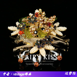 中古vintage胸针精致手工编织镶钻米粒珠动物花朵珐琅女镂空胸花
