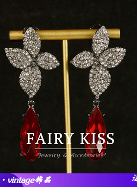 中古新款耳环红色水滴坠高级感四叶草耳钉精致轻奢满钻耳饰