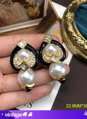 经典黑色珐琅釉耳饰宝石珍珠镶嵌爱心耳钉高级轻奢复古风重工耳环