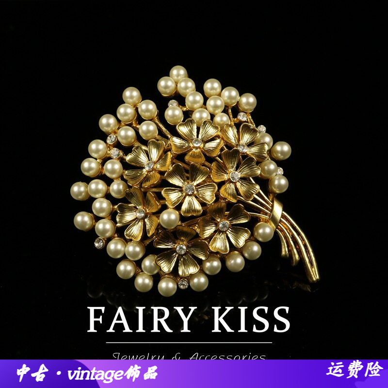 中古金属时尚女士花朵胸花镶珍珠