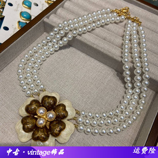 中古风vintag滴油撞色山茶花多层珍珠项链高端走优雅高级锁骨链女