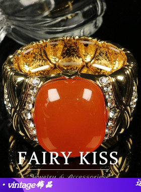 中古高档重工大气国风玛瑙镀真金手镯个性橙色女耳饰活口戒指D6