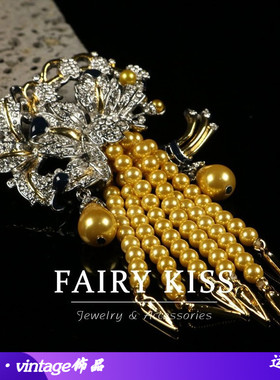 中古胸针金色水滴珍珠流苏坠黑色珐琅镶钻大气复古花朵胸饰铜材