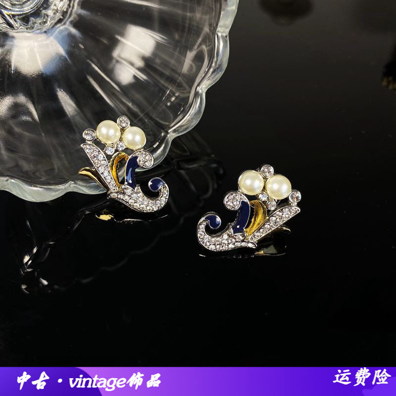 vintage中古日常百搭耳环法式复古白金电镀小巧精致对称浪花耳饰