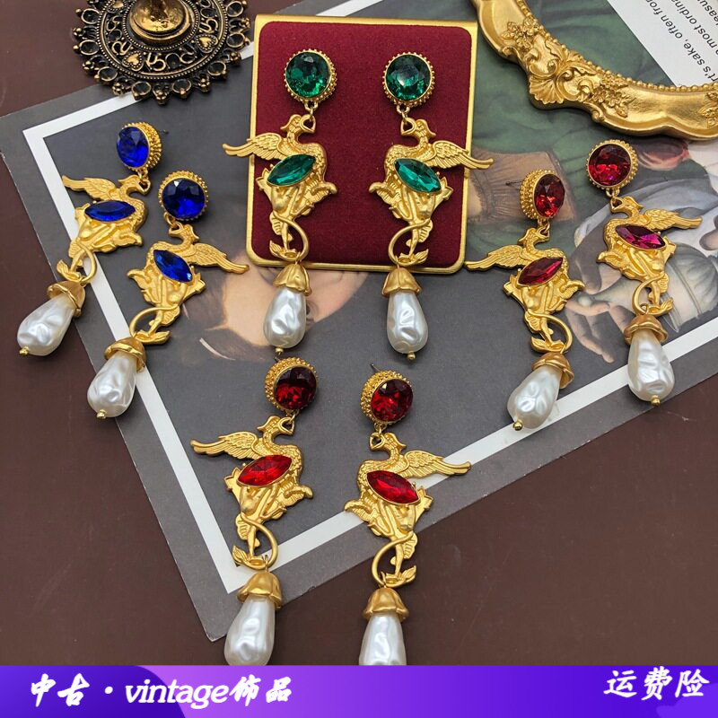 复古宫廷风镀真金凤凰耳饰彩色宝