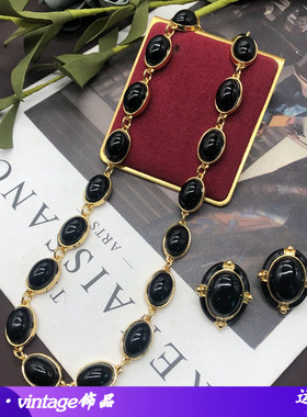 新款 中古vintage饰品经典黑色珐琅釉耳环颈链毛衣链百搭套装