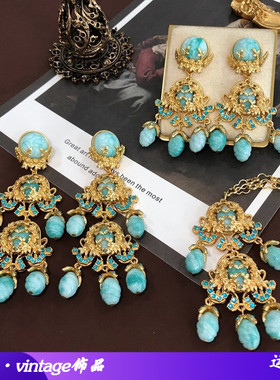 蓝色大扫肩耳钉耳夹项链电镀真金中古重工耳环毛衣链厂家直播货源