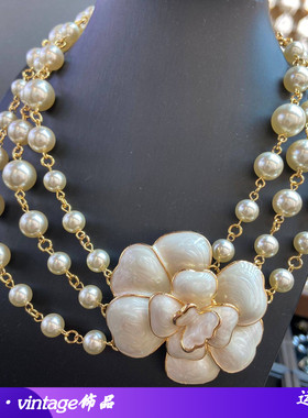 vintage中古三层施家珍珠白色山茶花朵吊坠项链女复古多层短款项