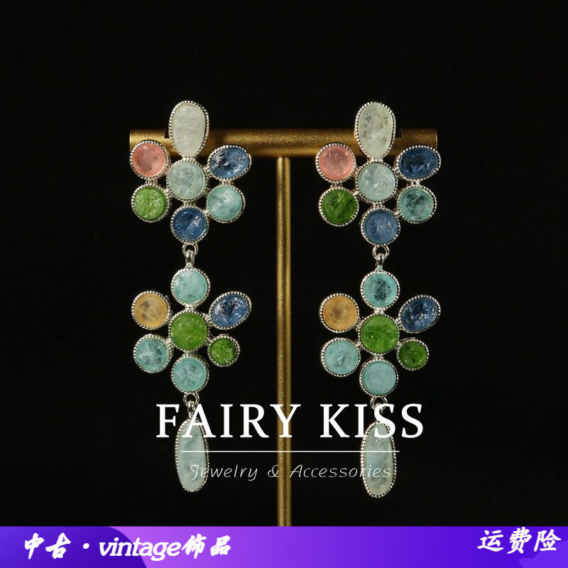 中古跨境外贸热销长款不规则耳坠花朵耳钉彩色时尚甜美气质耳环