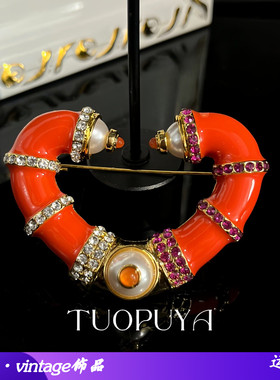 vintage精致手工珐琅橙色爱心胸针镶钻百搭秋冬胸花饰品