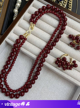 2串叠带红色施家珠项链珍珠吊坠