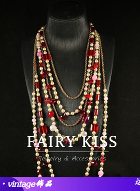宫廷风长款多层红色琉璃珍珠链奢