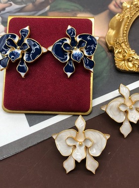 中古vintage耳环神秘蓝色白色粉色珐琅釉双层花朵立体耳钉耳夹
