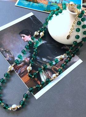 电镀真金长款湖蓝绿色琉璃圆珠项