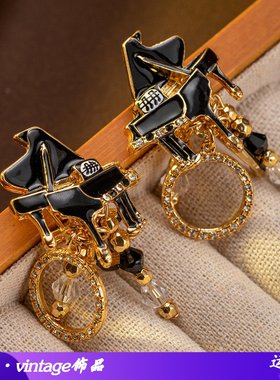 欧美中古饰品黑色珐琅钢琴时尚个性耳钉创意高级英伦风气质耳饰