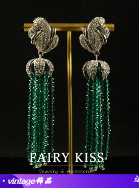 绿色重工手工串珠密镶满钻耳钉精致气质百搭个性高级感长款耳饰