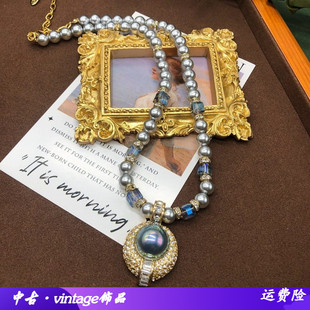 欧美复古灰色巴洛克珍珠水晶宝石项链耳环套装轻奢小众百搭锁骨链