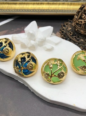 西洋中古镂空雕刻花朵银针耳钉镀真金蓝色绿色时尚雾面琉璃耳饰