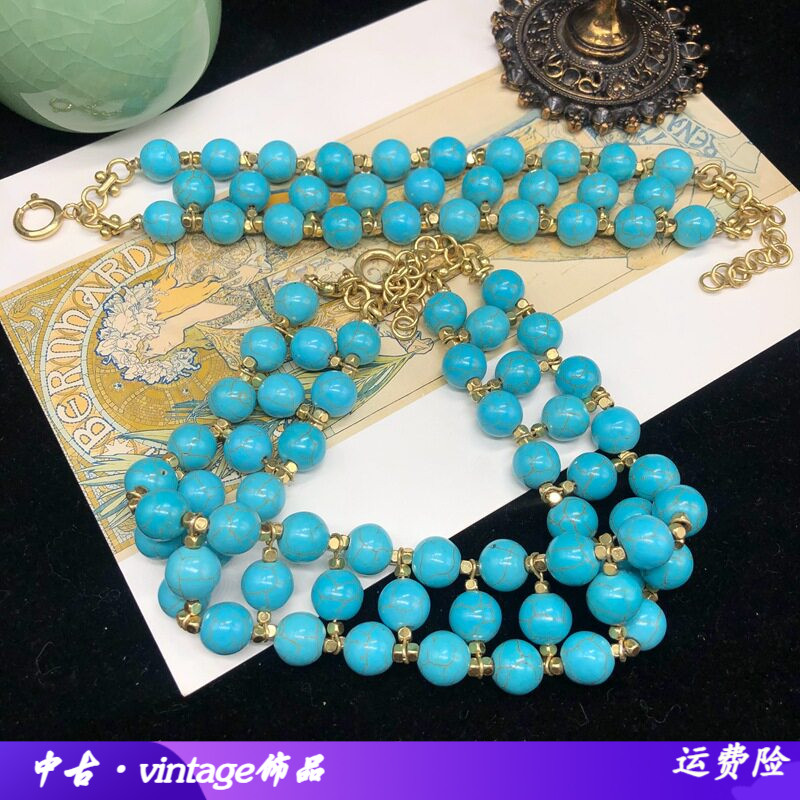 中古复古风多排绿松石手工编织短