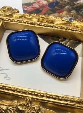 欧美复古简约大气深蓝色百搭耳饰经典方形港风气质耳钉女