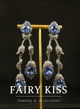 优雅大气中古长款花朵蓝色石镶钻耳钉耳环耳饰精致气质高档