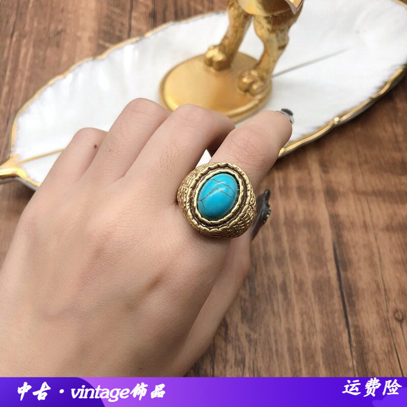 复古天然青金石绿松石戒指铜材质