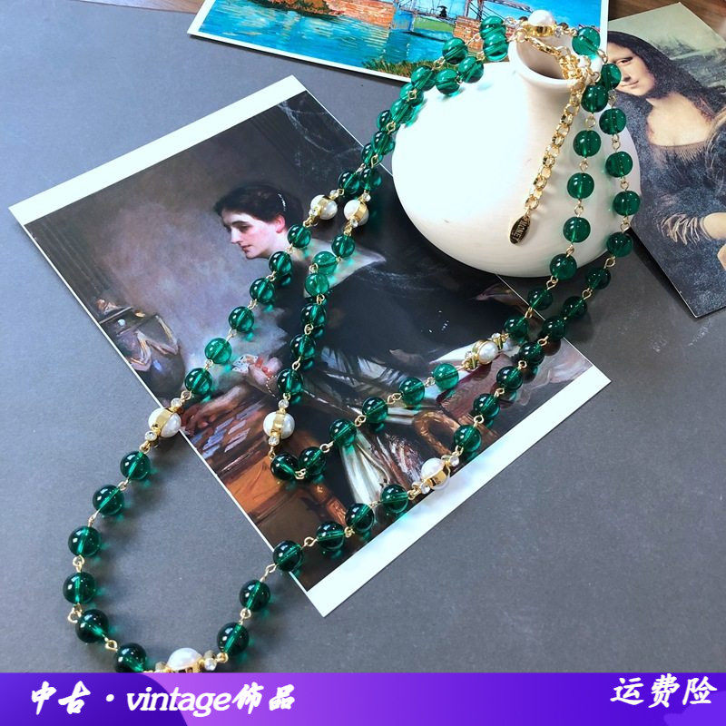 电镀真金长款湖蓝绿色琉璃圆珠项链巴洛克珍珠毛衣链