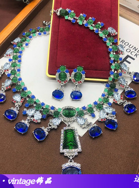 西洋中古重工蓝色莱茵石宝石链项链耳环套装高定夸张高级感锁骨链