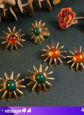 真金电镀银针太阳花戒指耳环套装